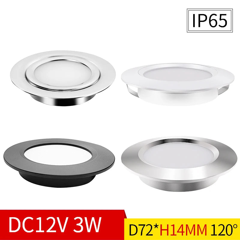 Ultra-Thin DC 12V 3W LED Recessed Spotlight IP65 Waterproof Cabinet Bathroom 55mm