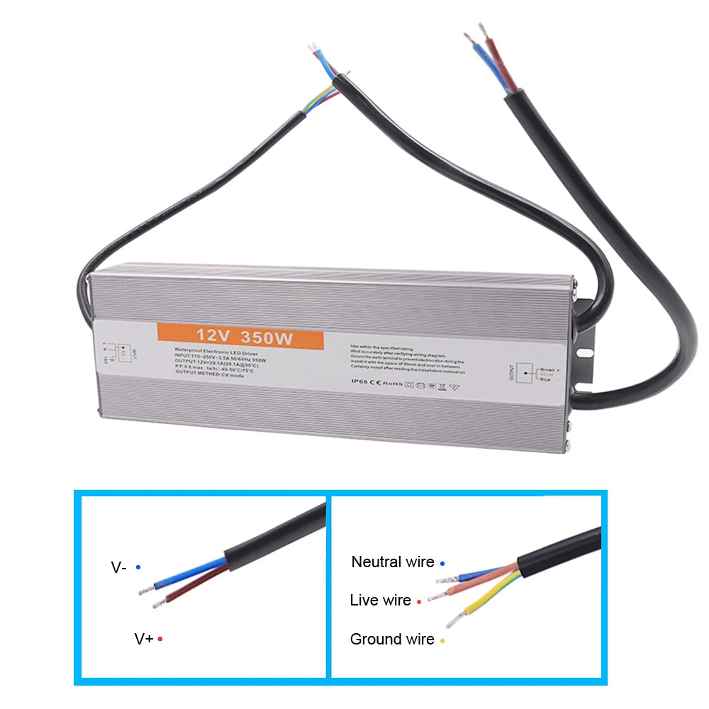 IP67 Waterproof LED Power Supply DC 12V 24V 60W-500W AC 110-250V OCP OVP Auto-Recovery