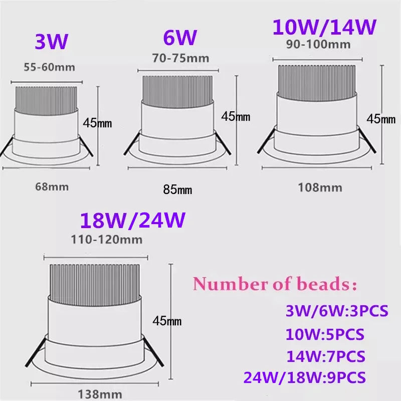COB LED Recessed Downlight 3W 6W 10W 14W 18W Aluminum 45 Degree Dimmable AC 85-265V Warm White Cool White Foyer Living Room Bedroom