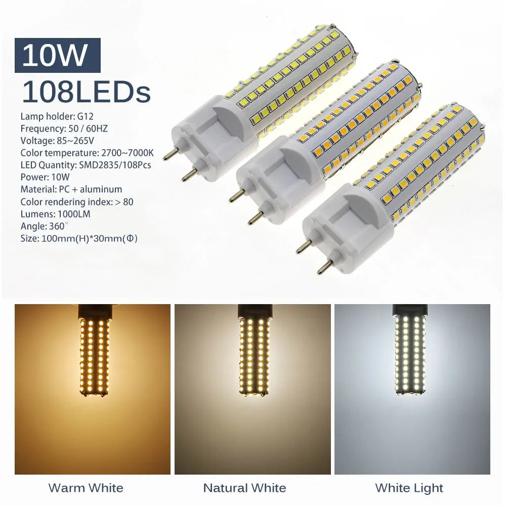 G12 LED Corn Bulb 10W 12W 15W SMD 2835 Epistar 360 Degree AC 85-265V Warm White Neutral White Cool White Clear or No Cover