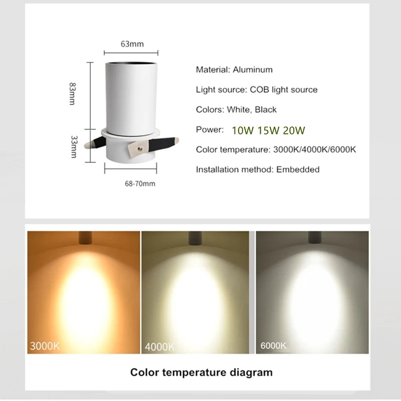 Dimmable Folding COB LED Recessed Downlight 7W 12W Frosted Aluminum PMMA Lens Knob Switch CRI 85 IP52 AC 85-265V Ceiling Spot