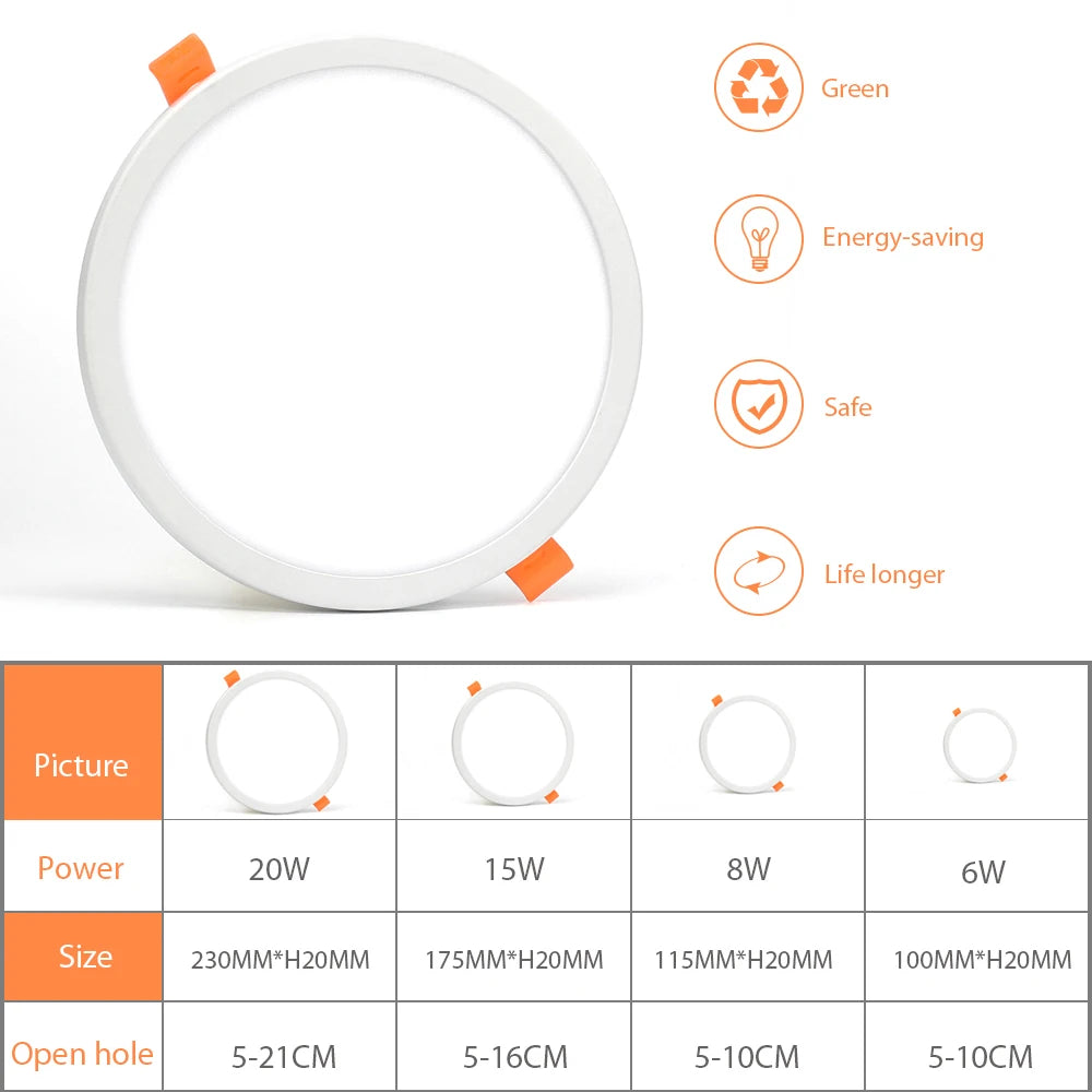 Ultra-Thin LED Recessed Panel Downlight 6W 8W 15W 20W Round Square Adjustable Cutout 110-220V