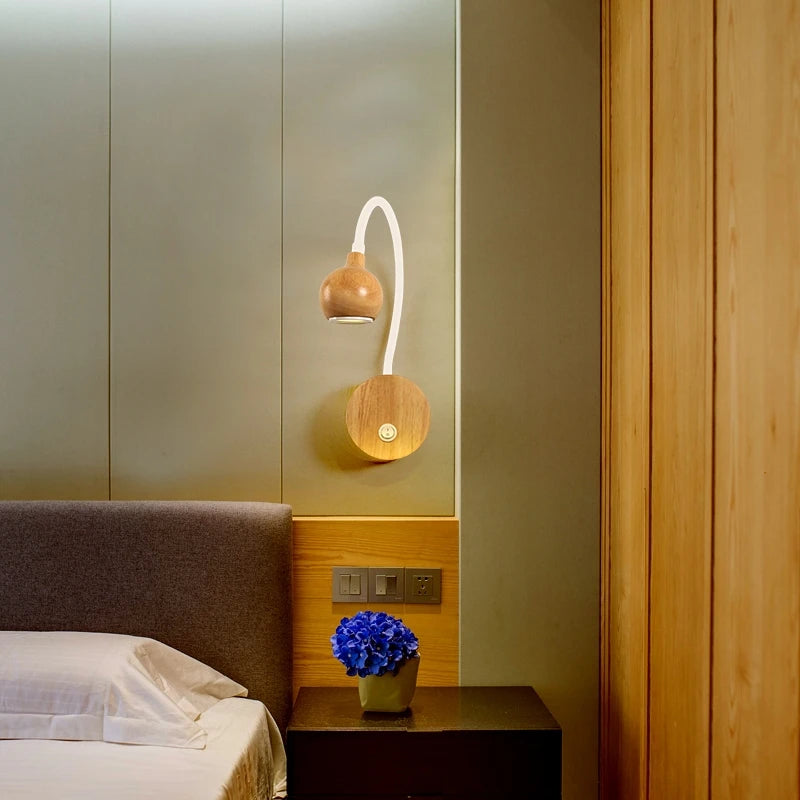 Nordic Wood Flexible Gooseneck LED Wall Sconce 5W E26 Pull or On/Off Switch 3 Color Temperatures AC 90-260V Bedroom Reading Bedside Gold Black White