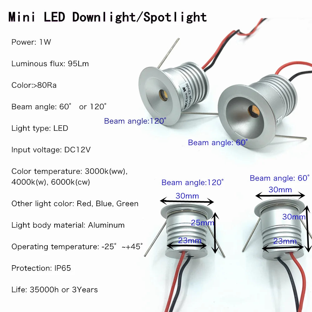 IP65 Mini LED Recessed Spotlight 1W DC 12V 95lm 60 or 120 Degree 25mm Cutout Dimmable Aluminum Silver Warm White Natural White Cool White Cabinet Stair
