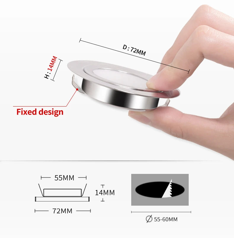 Ultra-Thin DC 12V 3W LED Recessed Spotlight IP65 Waterproof Cabinet Bathroom 55mm