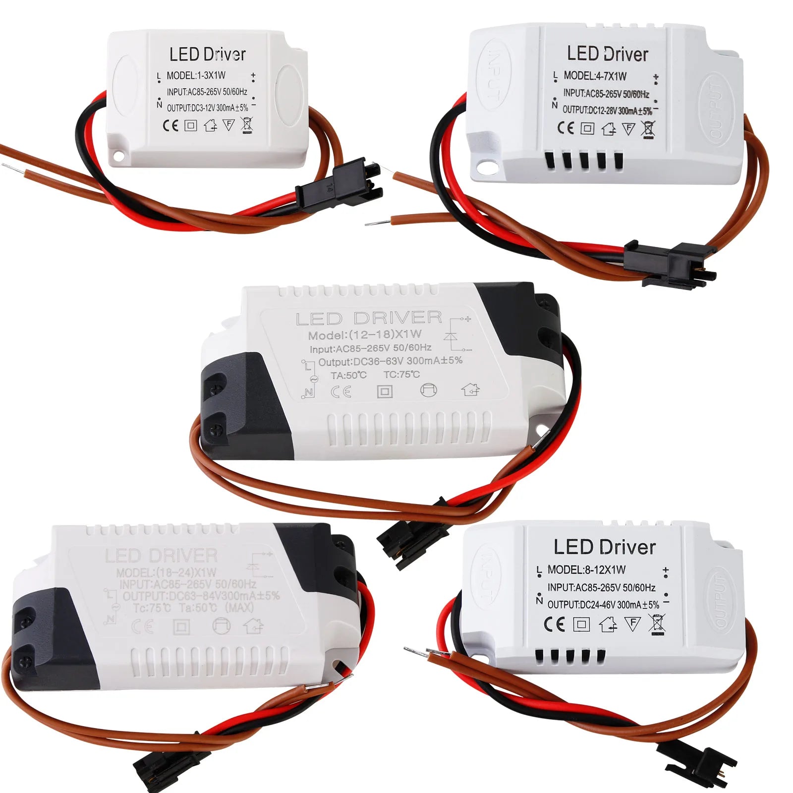 Constant Current LED Driver 300mA 1-3W 4-5W 4-7W 8-12W 18-24W AC 85-265V 90% Efficiency