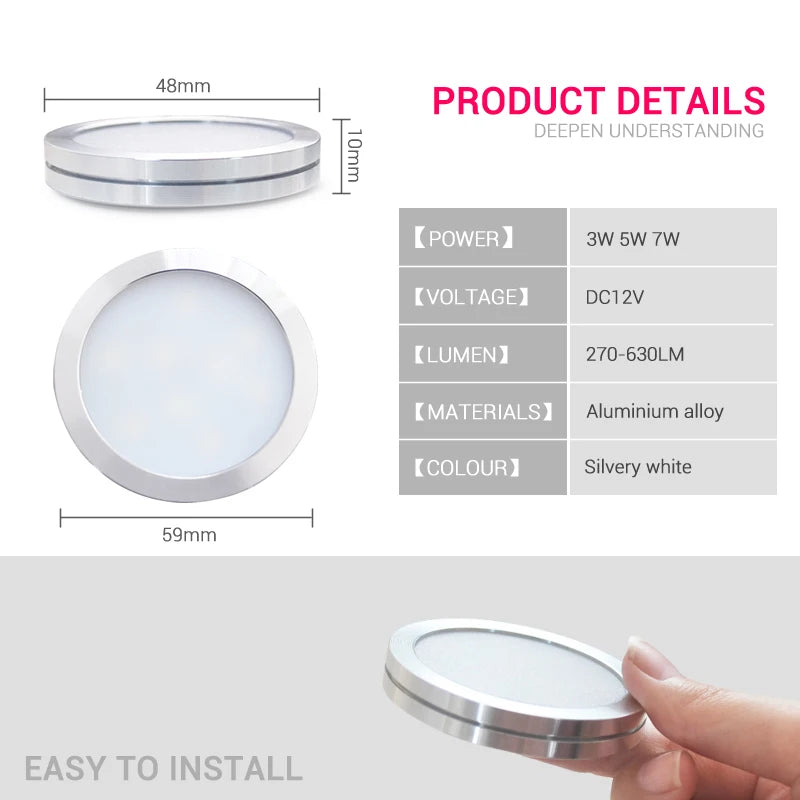 Ultra Thin 9mm LED Cabinet Spotlight DC 12V 3W 5W Aluminum Surface Mount 60mm Round Kitchen Showcase Downlight