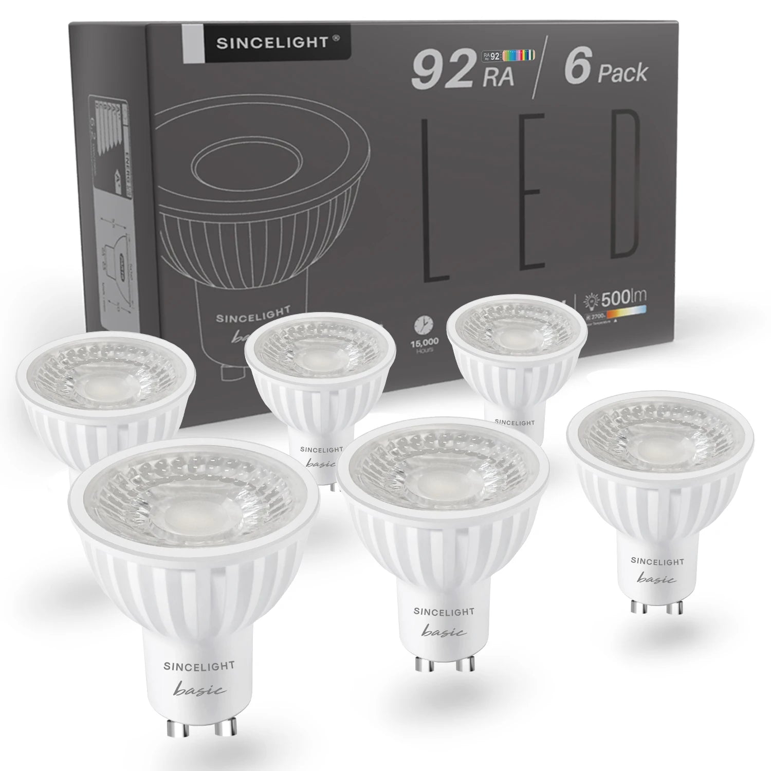 GU10 LED PAR16 Reflector Bulb 6W 500lm CRI 92 38 60 or 100 Degree Beam Angle AC 100-240V Halogen Replacement 6 Pack