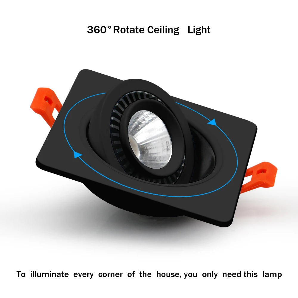 Dimmable Square COB LED Recessed Downlight 5W 7W 10W 12W 15W 360-Degree 25-45° CRI 90+