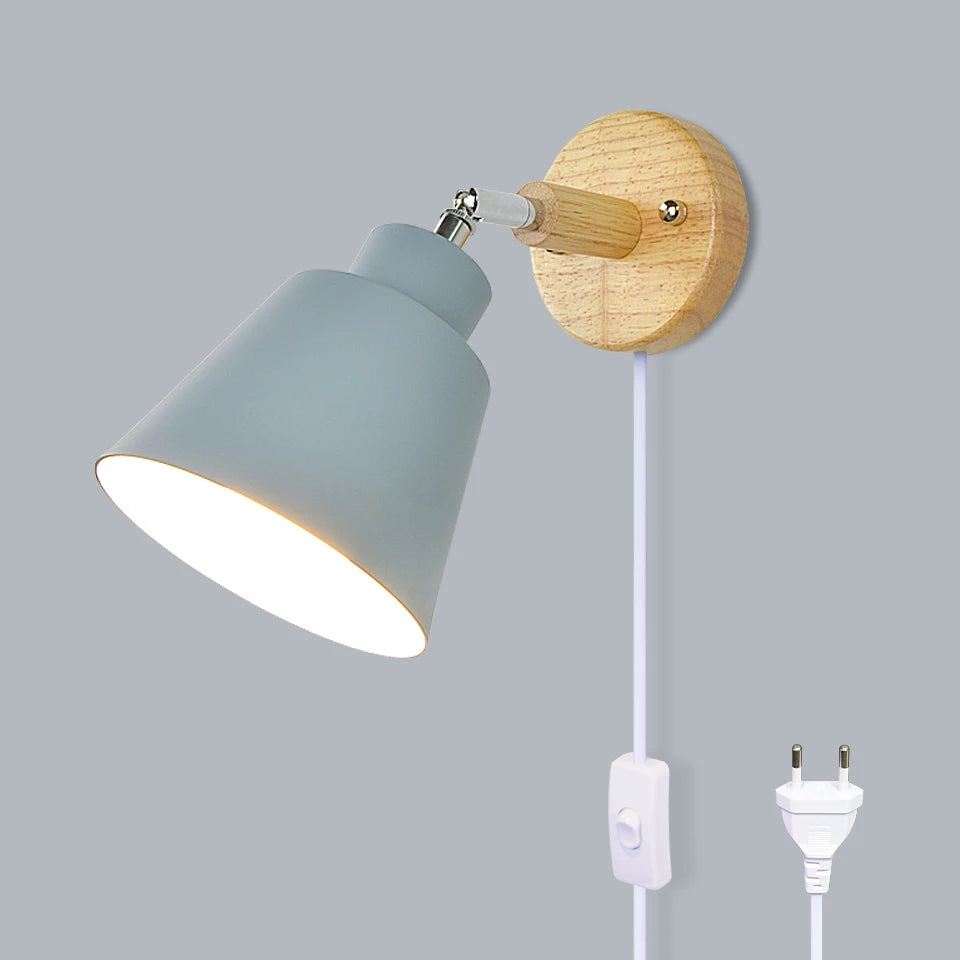 Nordic Wooden E26 E27 Wall Lamp 350-Degree Rotatable 6 Colors EU UL Plug Bedroom Living Room