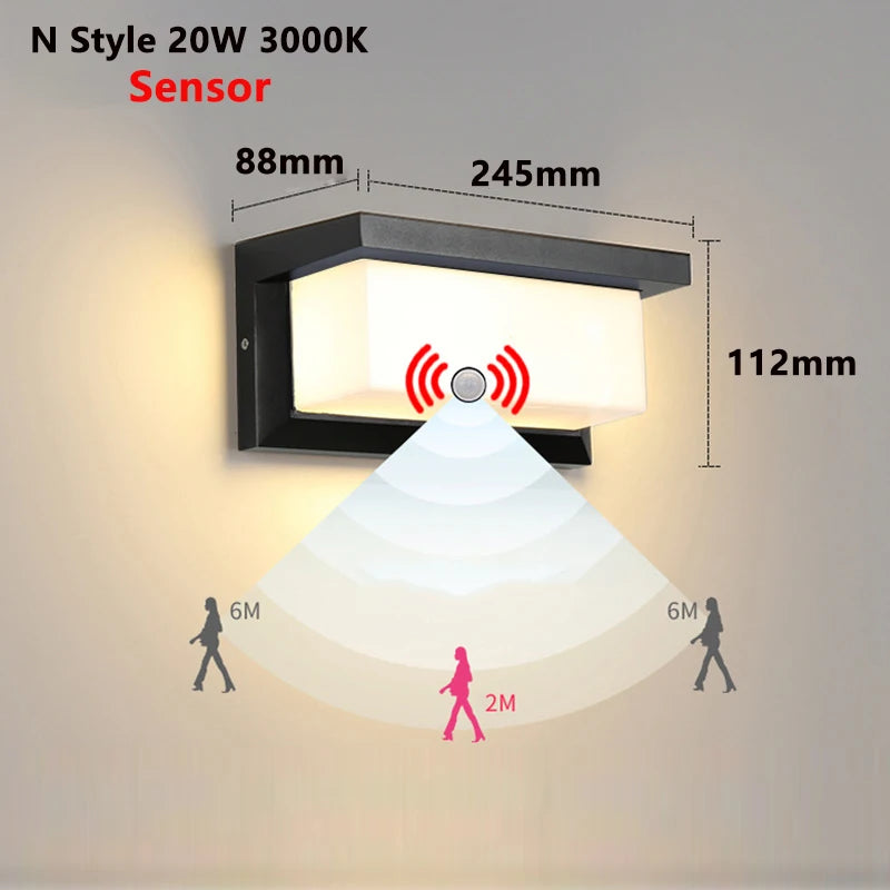 IP65 LED Outdoor Wall Light 20W Radar Motion Sensor Plastic Polycarbonate Black AC 85-265V Porch Garden Balcony 3 to 6 Meter Range