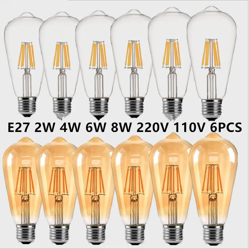 ST64 Edison Filament LED Bulb 2W 4W 6W 8W E27 B22 Dimmable Gold Glass 110-220V 6 Pack
