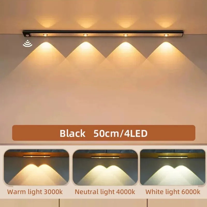 Ultra Thin Rechargeable LED Under Cabinet Light Motion Sensor 3 Color Temperatures Dimmable Magnetic USB Type-C 20cm to 50cm Kitchen Wardrobe
