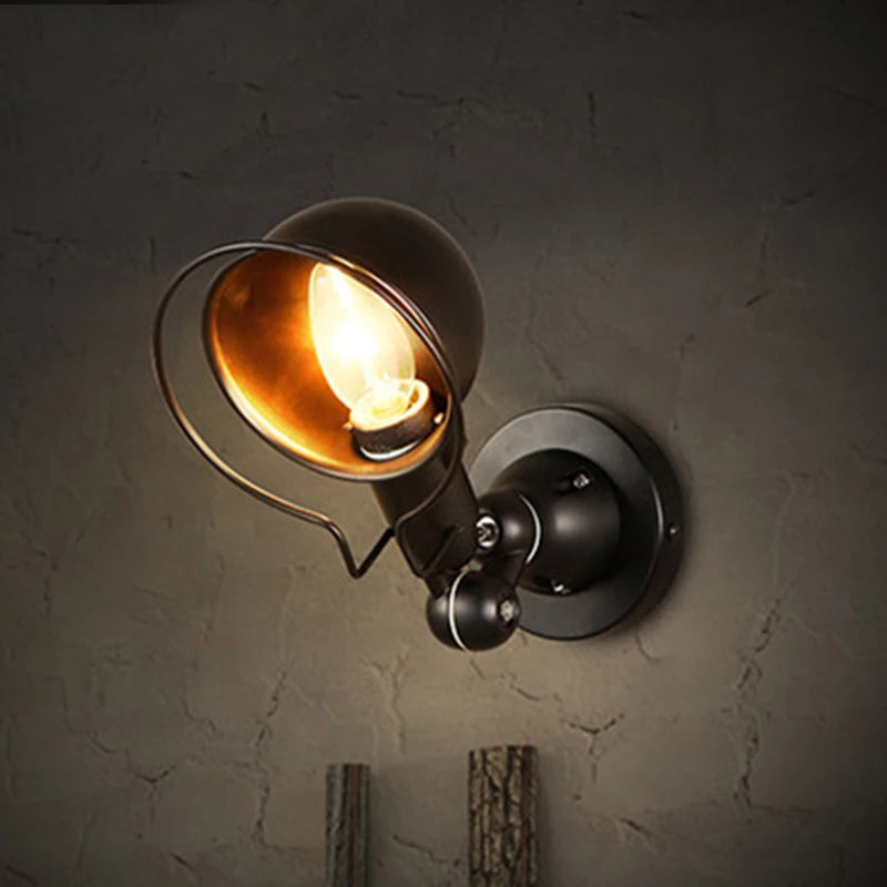 Loft Retro Wrought Iron LED Wall Lamp E14 Single Head Downlight Forged Adjustable AC 90-260V Bedroom Living Room Kitchen Black White