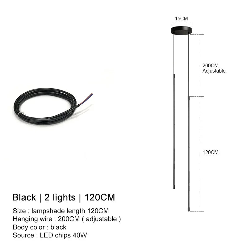 Modern Linear LED Chandelier Pendant Light 3 Head Black Brushed Aluminum Adjustable Wire Dining Room Kitchen Island