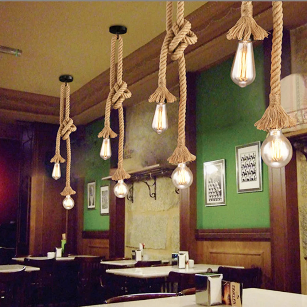 Vintage Hand Knitted Hemp Rope Pendant Light E26 Single and Double Head Cord Pendant AC 90-260V Bedroom Cafe Bar