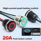 IP66 Waterproof Stainless Steel Push Button Switch 19mm 22mm 20A Momentary or Latching LED 12V 24V 110V 220V 20cm Wire 5 Colors
