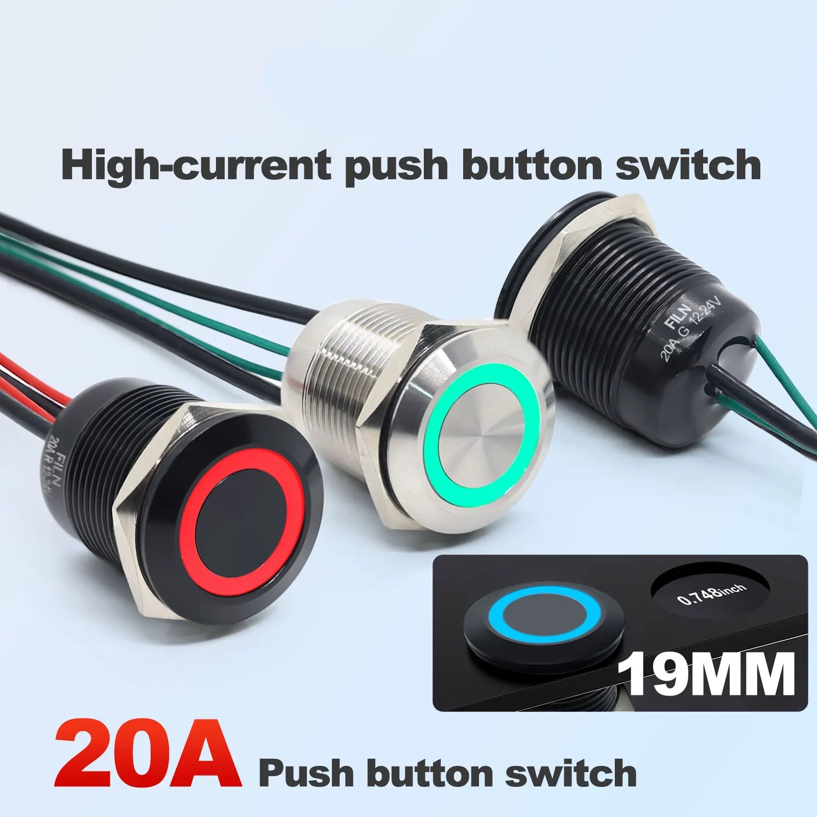 IP66 Waterproof Stainless Steel Push Button Switch 19mm 22mm 20A Momentary or Latching LED 12V 24V 110V 220V 20cm Wire 5 Colors