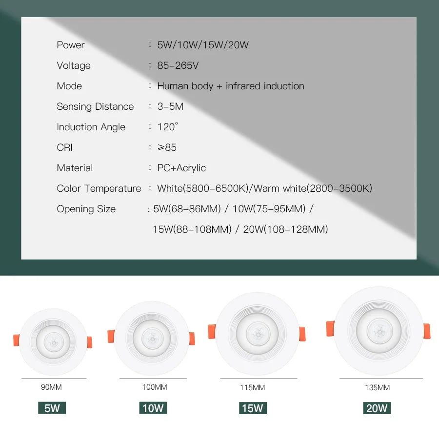 PIR Motion Sensor LED Recessed Downlight 5W 10W 15W 20W SMD 2835 CRI 85 AC 85-265V Auto On Off Corridor Hallway Stair Ceiling Spot