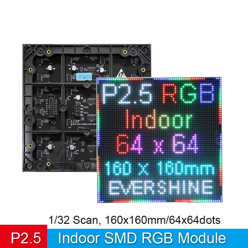 P2.5 64x64 Indoor Full-Color LED Module 160x160mm SMD2121 HUB75E 1/32 ≥1000Hz 800nit DC 5V