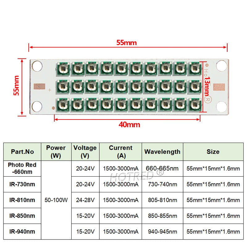 High-Power IR Deep Red LED Chip Module 50W 100W 660nm 730nm 850nm 940nm 55x15mm Grow Light