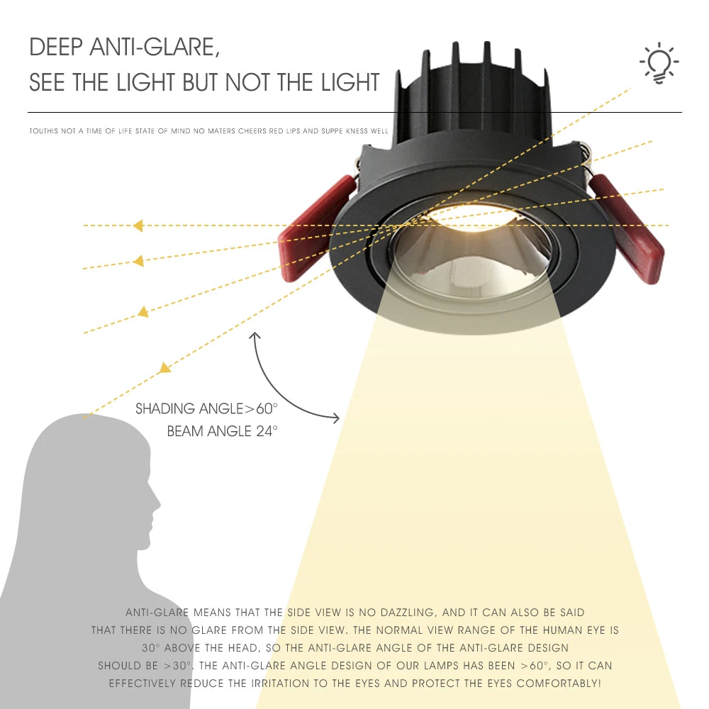 Dimmable Anti-Glare Adjustable Beam COB LED Recessed Downlight 7W 12W CRI 90+ 85-265V