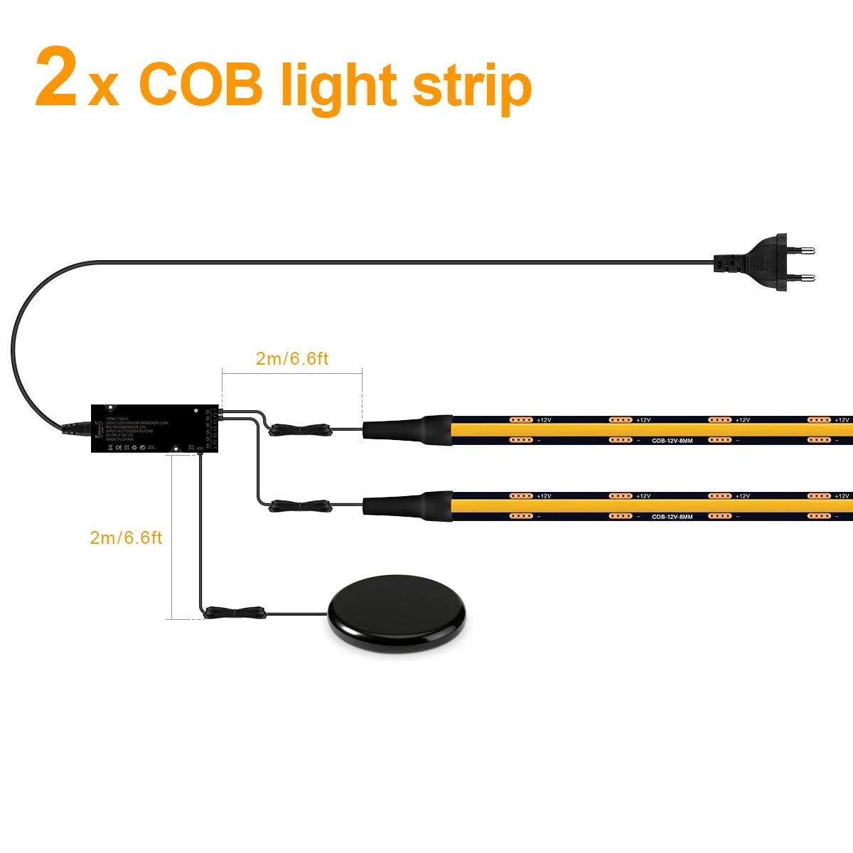 COB LED Strip Kit 8mm Black PCB 100-300cm Touch Dimmer Through-Wood AC 100-240V DC 12V