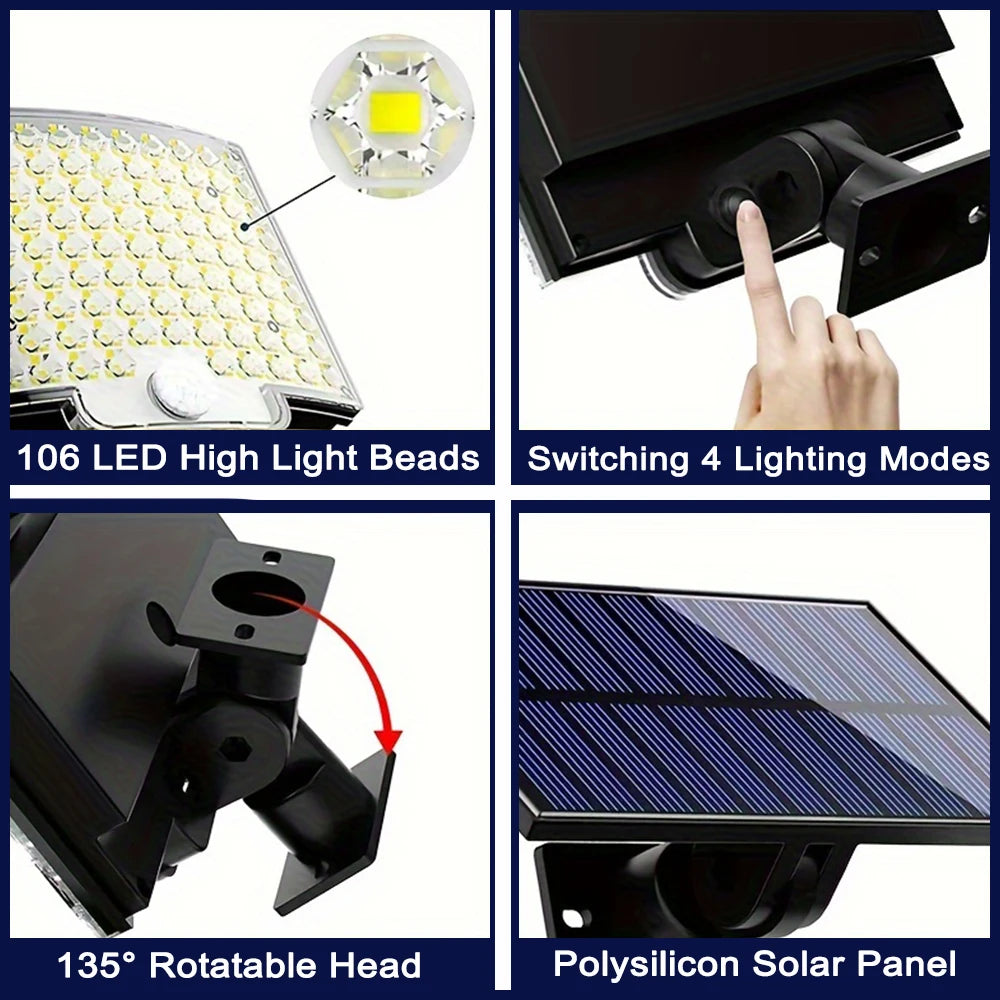 Solar LED Motion Sensor Flood Light 106 LED 3500lm 360 Degree Sensor 5 to 8 Meter Range Remote Control Outdoor Security Wall Lamp
