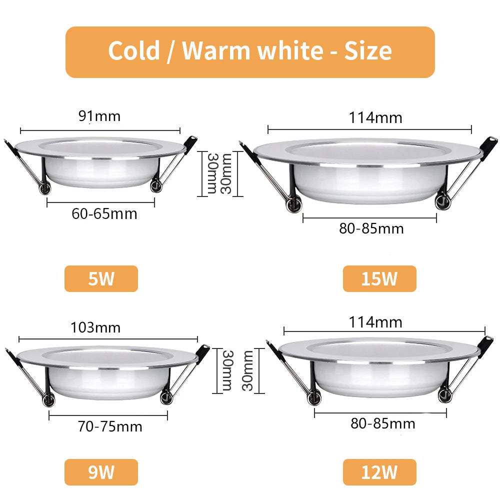 LED Recessed Downlight 5W 9W 12W 15W Aluminum CRI 80 Single Color or 3 Color Switching AC 110V or 220V 6 Pack or 12 Pack Round Ceiling Spot