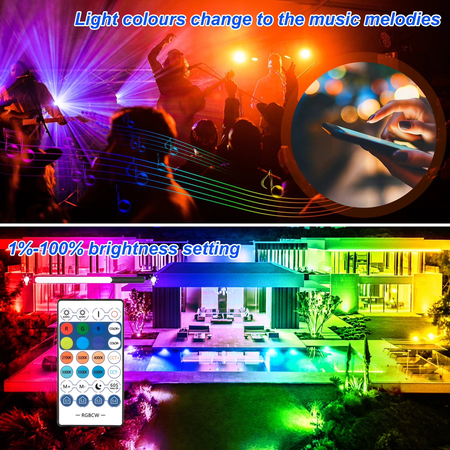 RGBCW Smart LED Flood Light 30W 60W 100W App Remote IP66 US Plug 110-130V Outdoor Garden