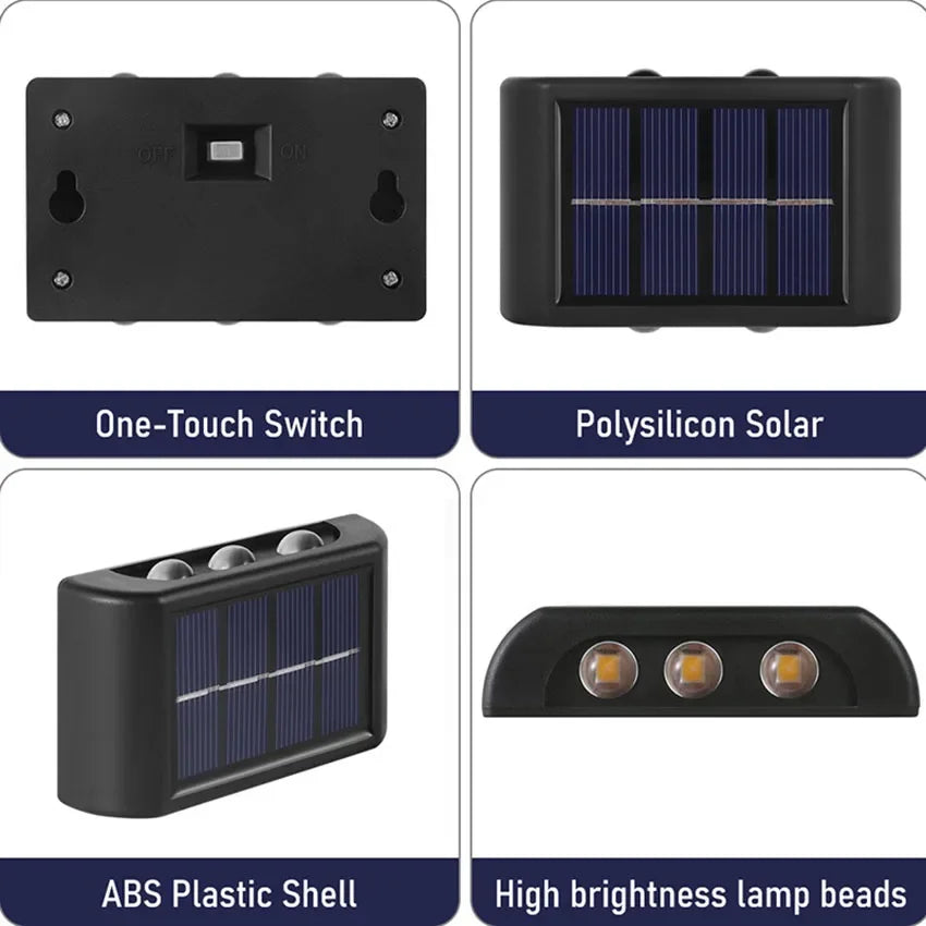 Solar Outdoor Wall Lamp IP65 Up Down 4LED 6LED 8LED Warm White 10H+ ABS Borosilicate Glass