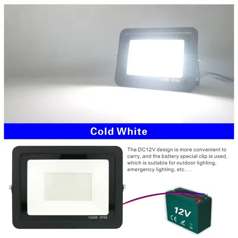 DC 12V LED Flood Light 20W 30W 50W 100W IP66 Aluminum Outdoor Portable Spotlight CE