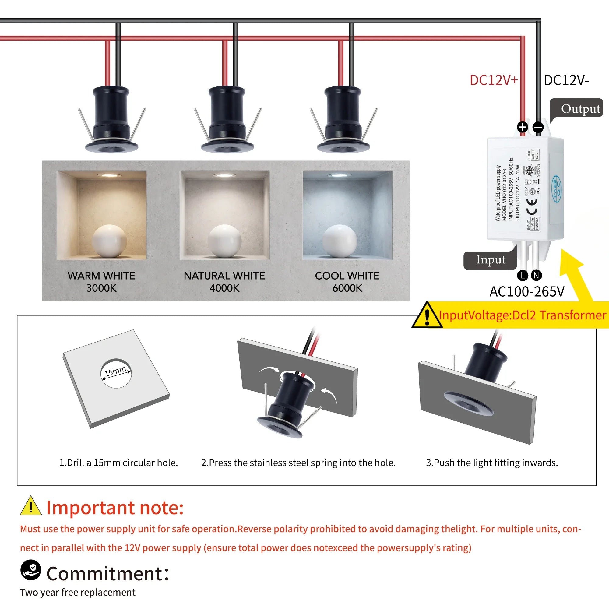 9-18 Pack 1W DC 12V Mini Recessed LED Spotlight Kit IP65 15mm Cutout 30° 120° AC Power Supply