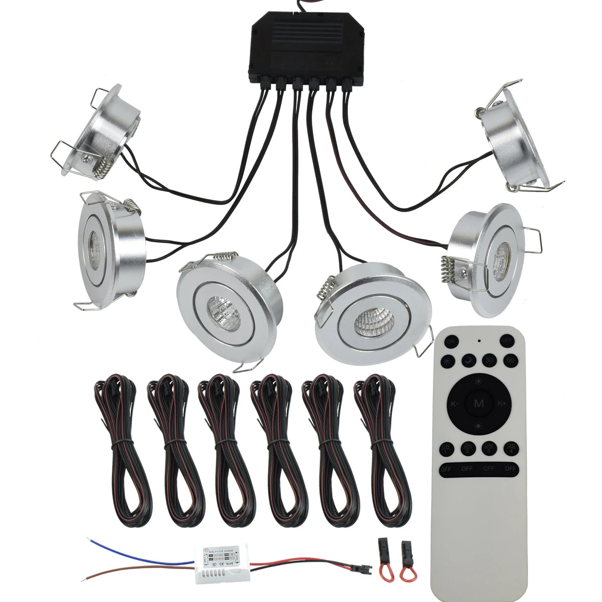 6-Pack 3W COB Mini LED Downlight Kit Dimmable 40-45mm Cutout 4m Cable AC 86-265V Remote