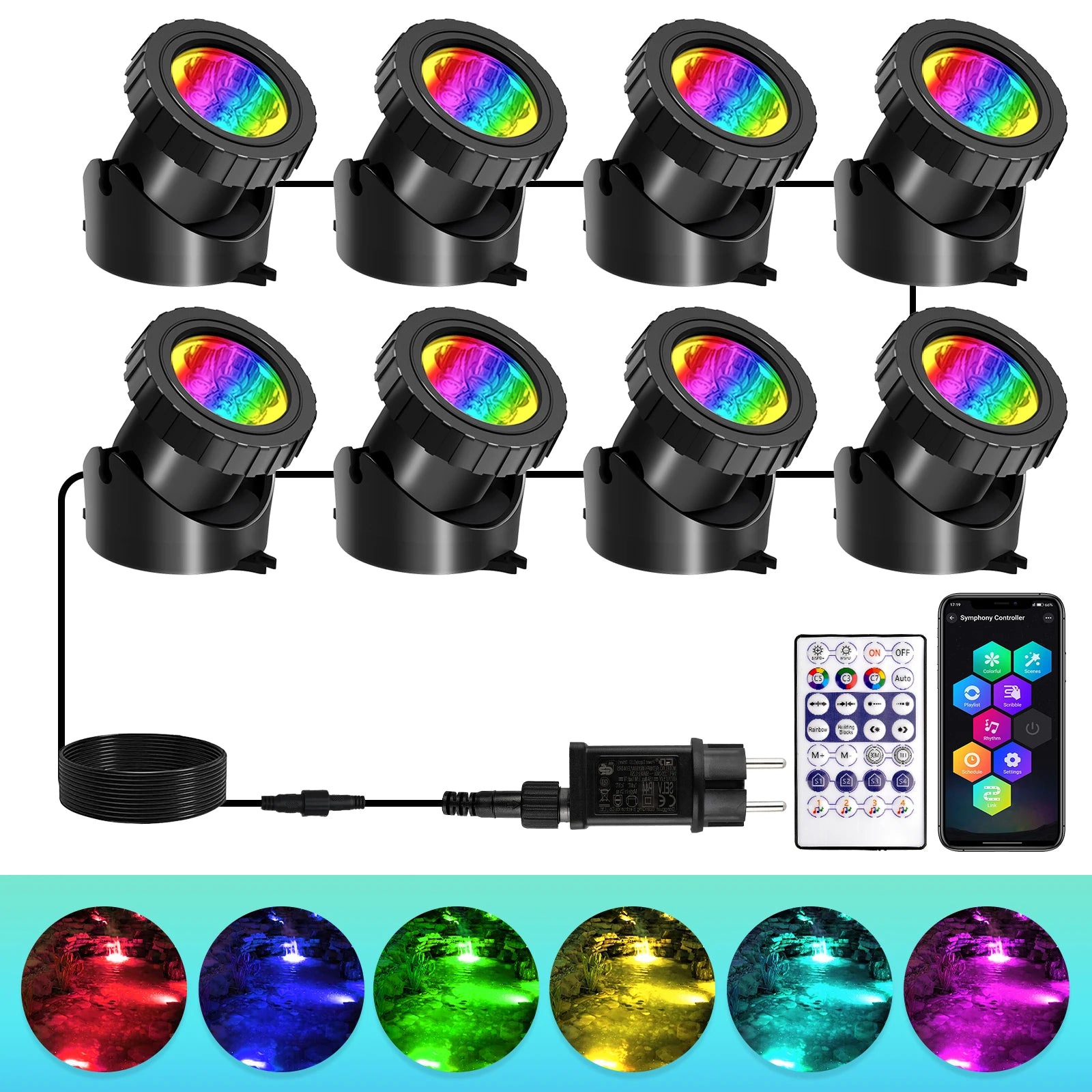 IP68 RGB LED Underwater Pond Spotlight 6 LED Beads 90 Degree Adjustable App and Remote Control 16 Million Colors ABS 5.5cm x 6cm Pond Garden