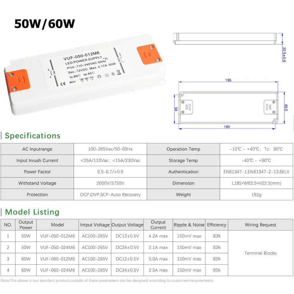 Ultra-Slim LED Driver Transformer 6W 12W 15W 20W 30W 50W 60W AC 110-240V to DC 12V 24V