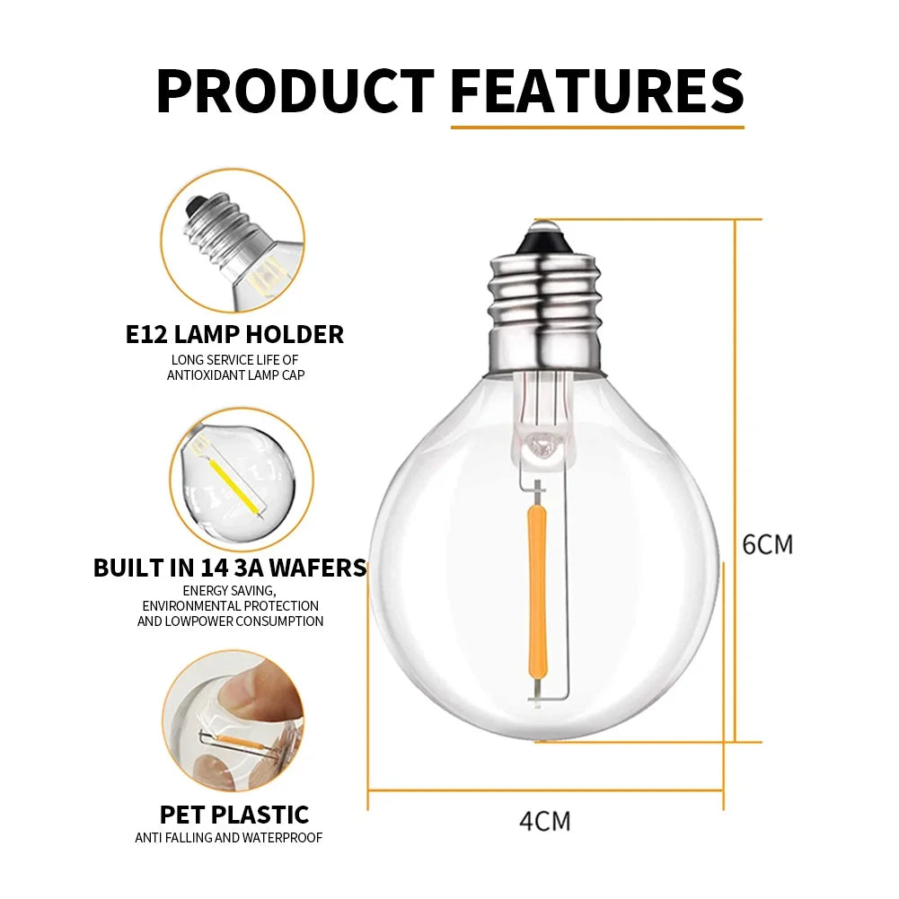 USB G40 LED String Light 1W 180lm/Bulb IP44 Warm White 25ft 50ft 100ft Patio Wedding
