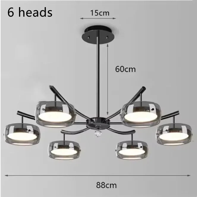 Nordic Multi-Head Glass Pendant Lamp 3 4 5 6 Heads 45-90W 3-Color Switchable AC 90-265V