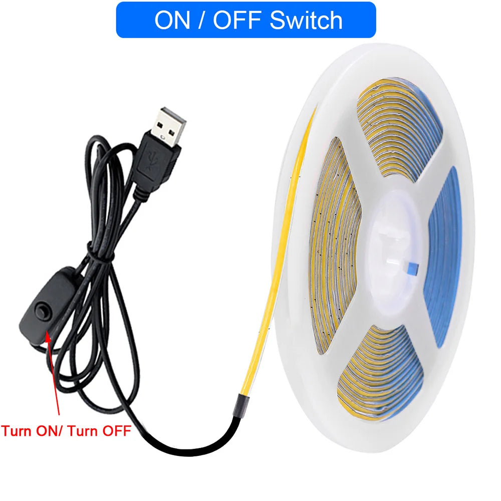 DC 5V USB COB LED Strip Light 320 LED/m 3mm PCB CRI 90 IP33 0.5m to 5m Warm White Natural White Cool White Red Blue Pink Ice Blue Dimmable Flexible Tape