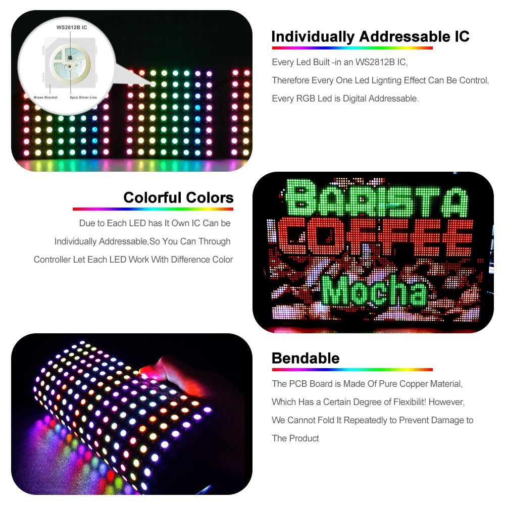 WS2812B LED Matrix Panel 8x8 8x32 16x16 DC 5V Individually Addressable SMD 5050 RGB Full Color 120 Degree IP30 Flexible PCB Pixel Display Module