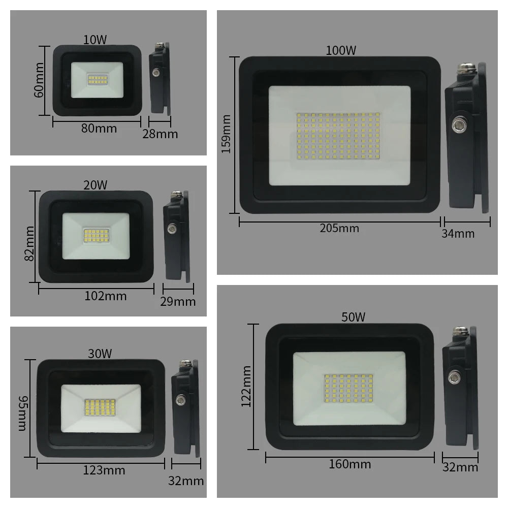 LED Flood Light 10W 20W 30W 50W 100W IP68 120° AC 110-240V Die-Cast Aluminum Black Shell