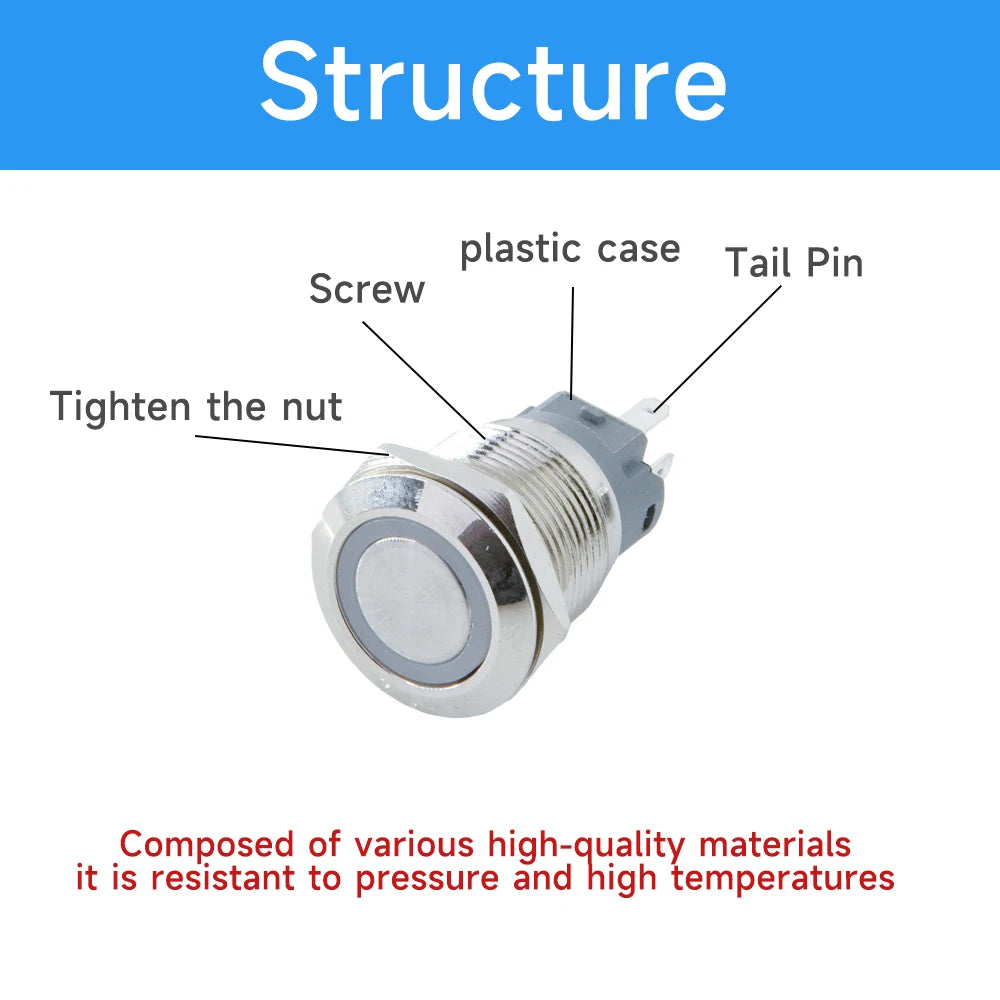 Metal Push Button Switch 12 16 19 22mm IP65 Self-Reset Self-Lock LED 3-220V NO NC CCC