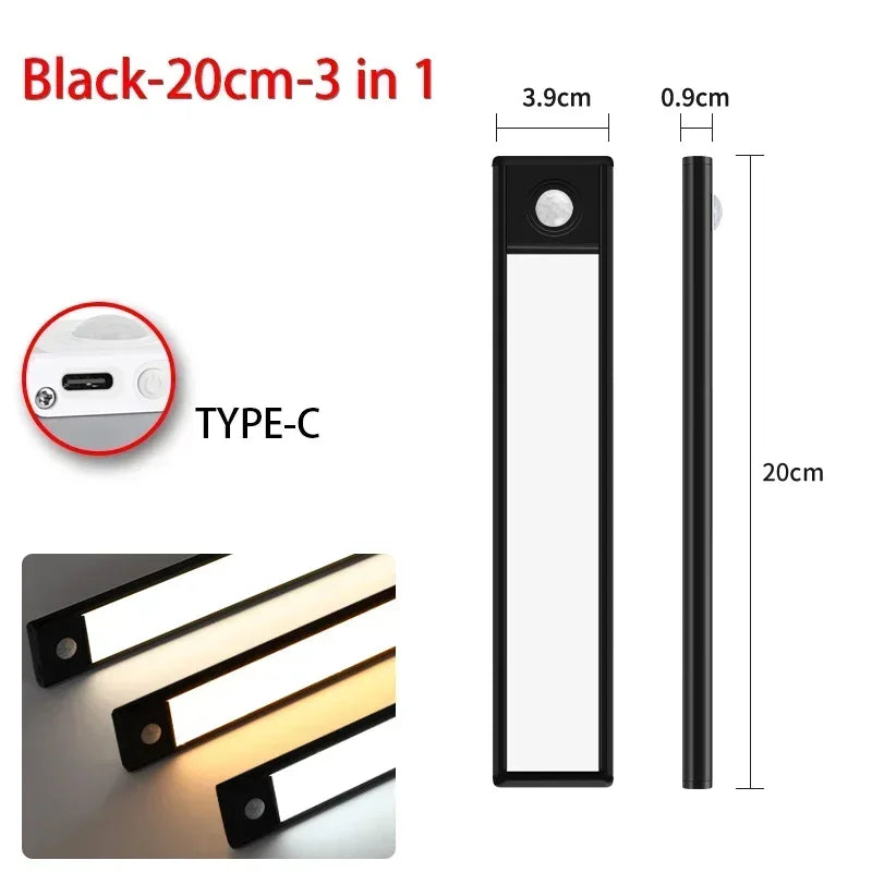 Ultra Thin Rechargeable LED Under Cabinet Light Motion Sensor 54 LED 3 Color Temperatures Stepless Dimming Magnetic Mount Type-C 20cm to 60cm