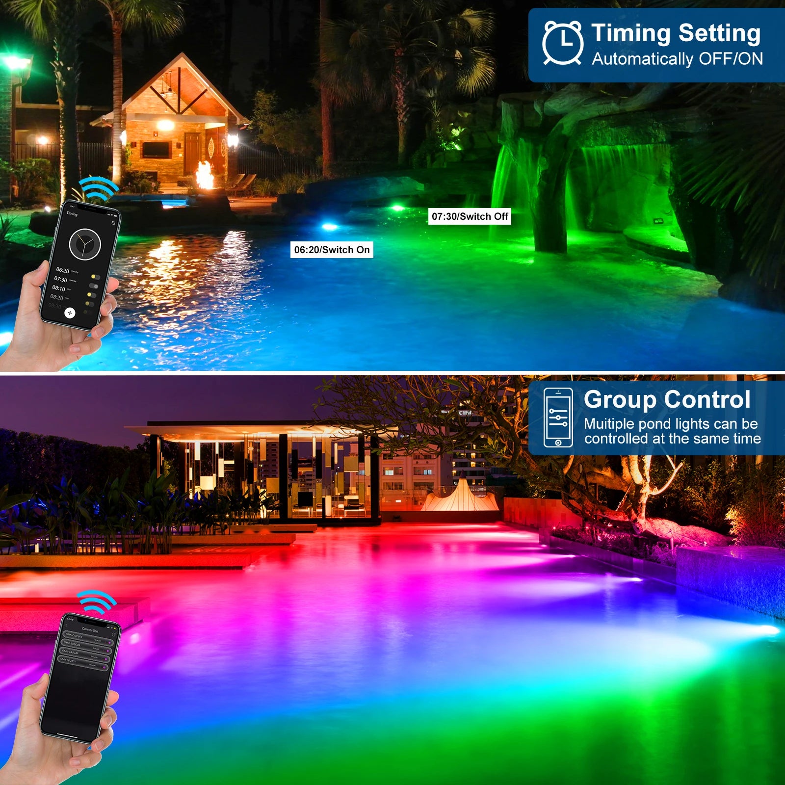 IP68 RGB LED Underwater Pond Spotlight 6 LED Beads 90 Degree Adjustable App and Remote Control 16 Million Colors ABS 5.5cm x 6cm Pond Garden
