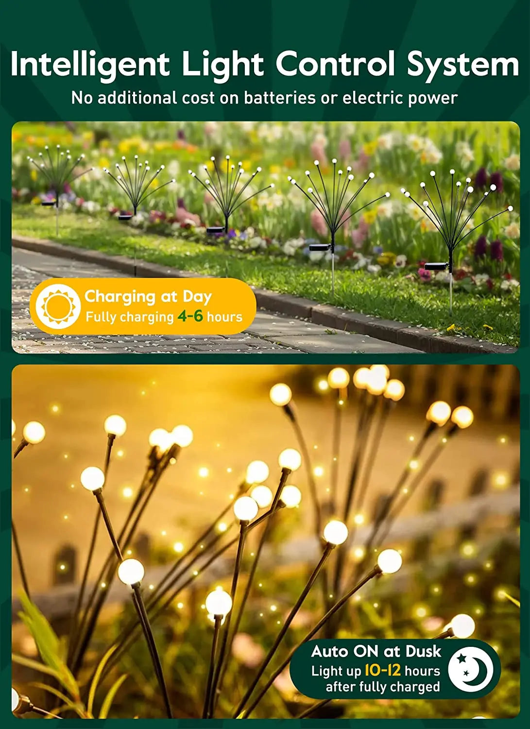 Solar LED Firefly Garden Stake Light IP44 Waterproof Warm White Swaying Flexible Branch Plastic Outdoor Pathway Patio Decor