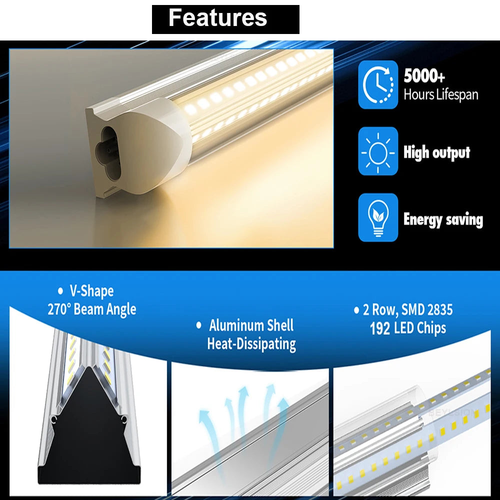 T8 V-Shape Integrated LED Tube Light 3FT 4FT 5FT 30W 40W 50W SMD2835 100-120lm/W AC 85-265V