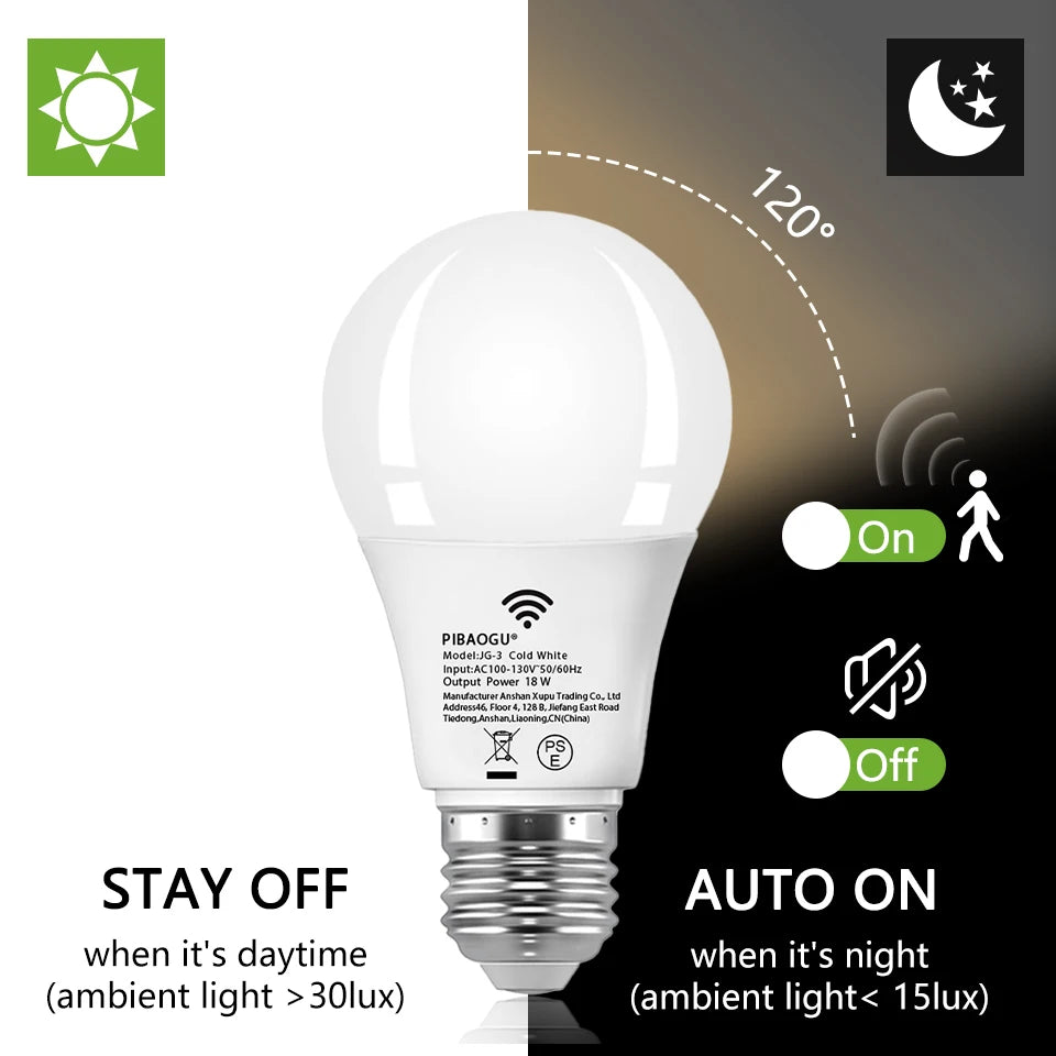 E26 Motion Sensor LED Bulb 18W 360° 3-6m Detection AC 110V Cool Warm White 3-Pack