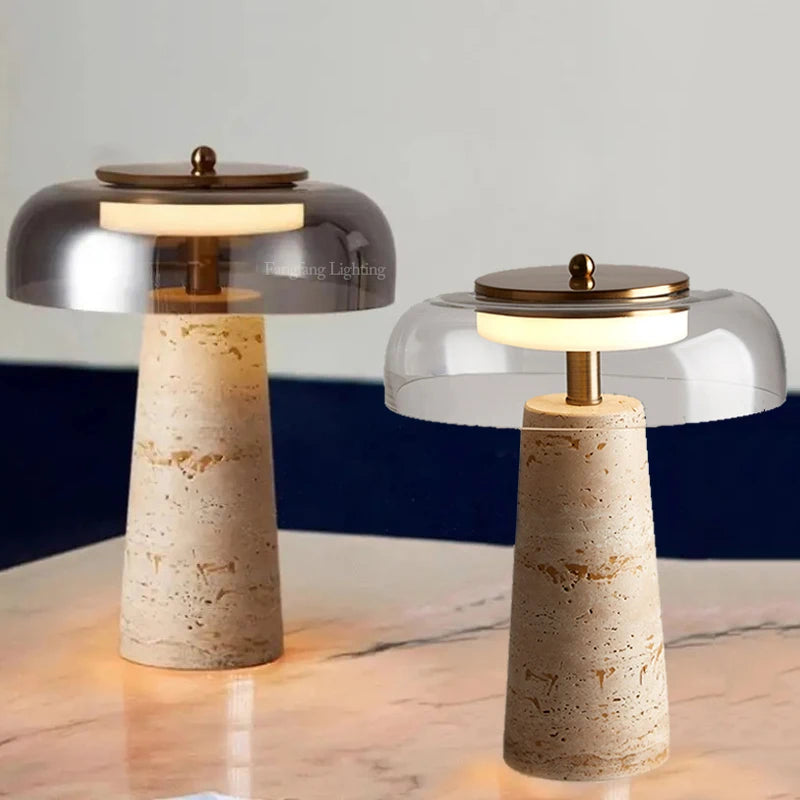Mushroom Travertine Natural Stone Table Lamp 12W LED Glass Acrylic Shade AC 85-265V
