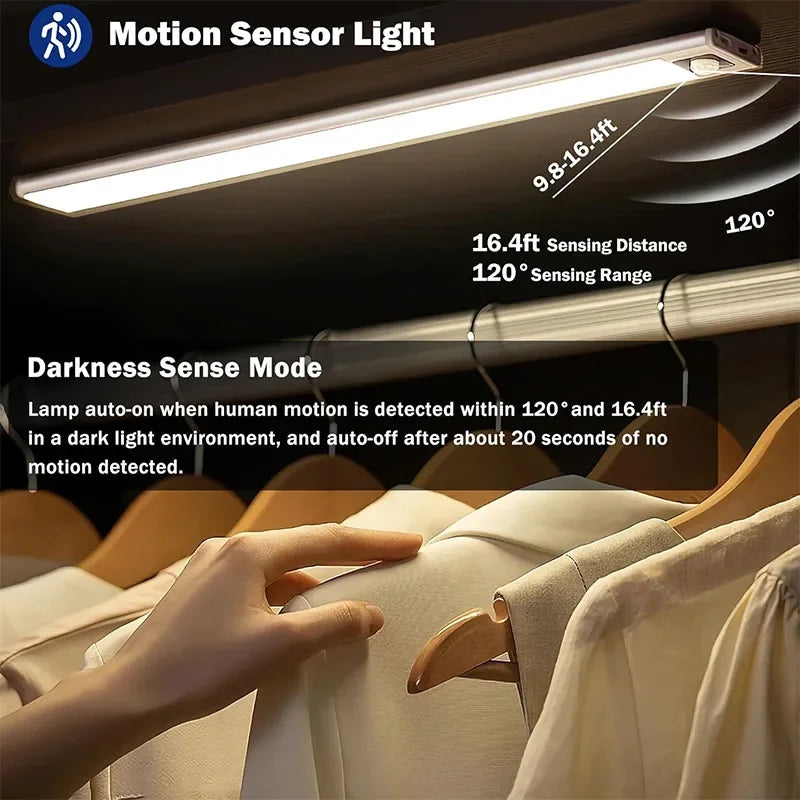 Ultra Thin Rechargeable LED Under Cabinet Light Motion Sensor 54 LED 3 Color Temperatures Stepless Dimming Magnetic Mount Type-C 20cm to 60cm