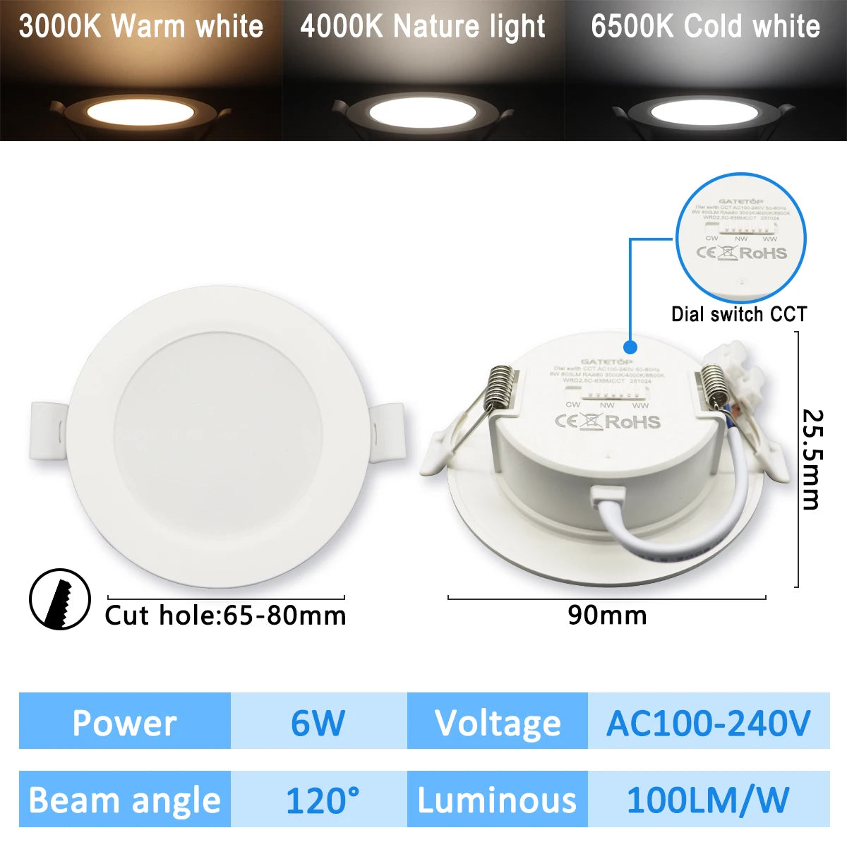 3-CCT LED Recessed Downlight 3000K 4000K 6500K Dial Switch AC 110-240V 1-10 Pack